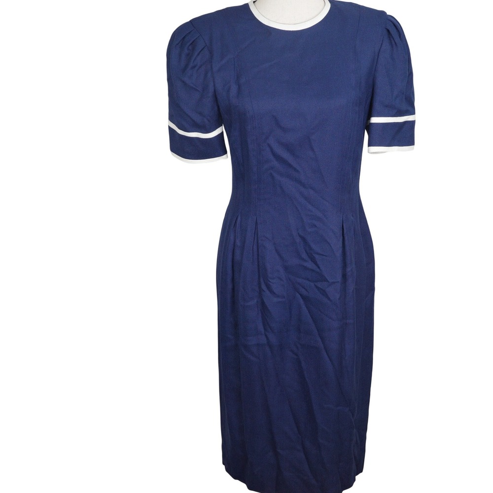 Talbots Albert Nipon Dress Women 8 Blue White Sheath Career Woven Midi Classic
